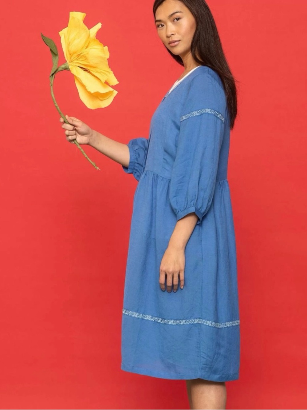 Gudrun Sjöden Blue Midi Dress Peasant Lagenlook Linen Blend Embroidered Trim L